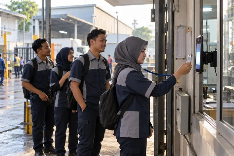 Karyawan memindai kartu ID di kiosk pos