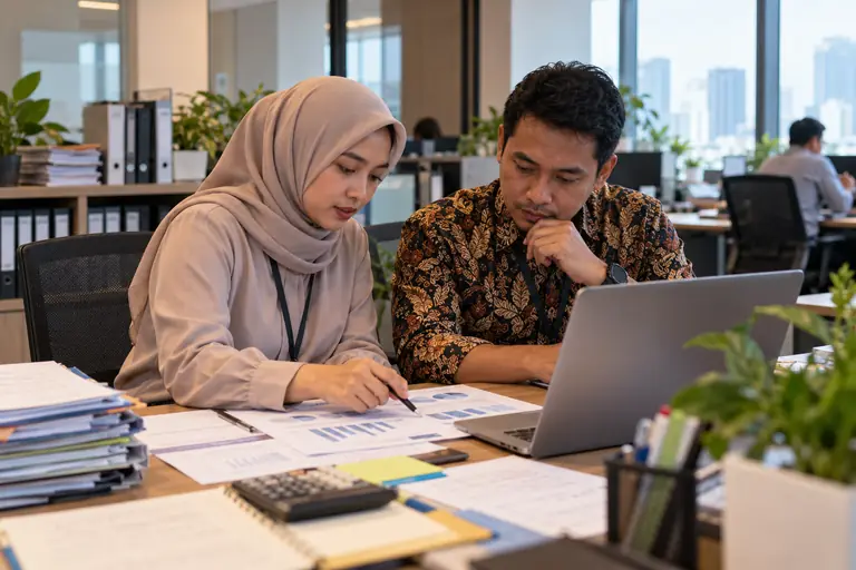 Staf HR dan keuangan meninjau rekap bulanan
