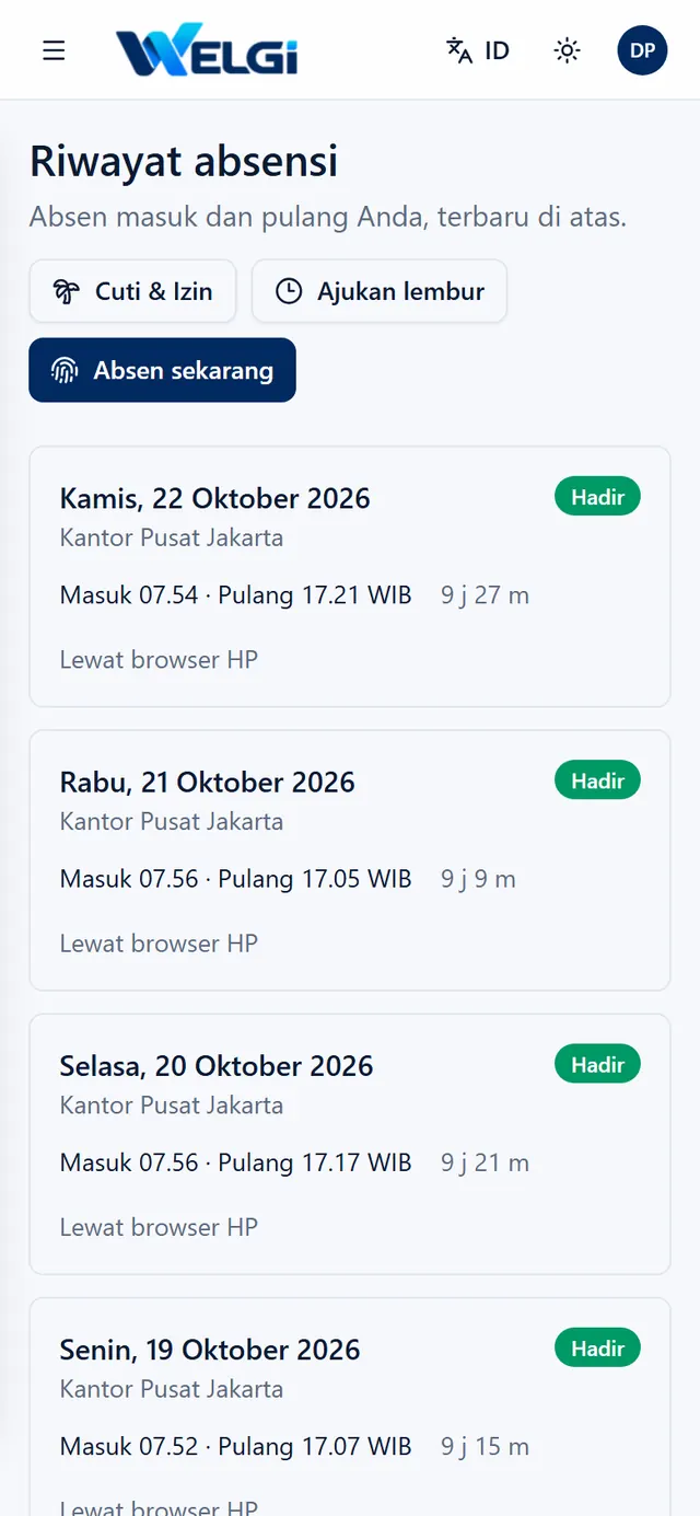 Riwayat absen masuk dan pulang karyawan di HP, dengan lokasi kerja dan jamnya