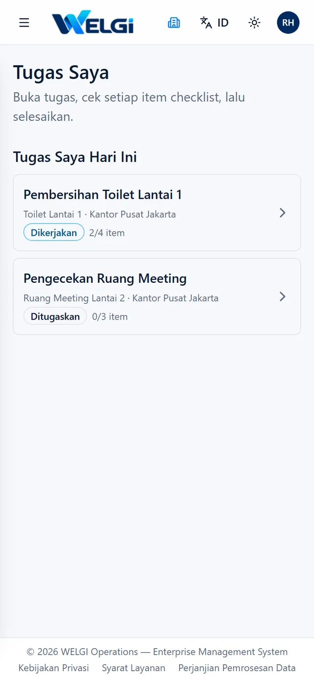 Daftar tugas kebersihan hari ini di HP petugas
