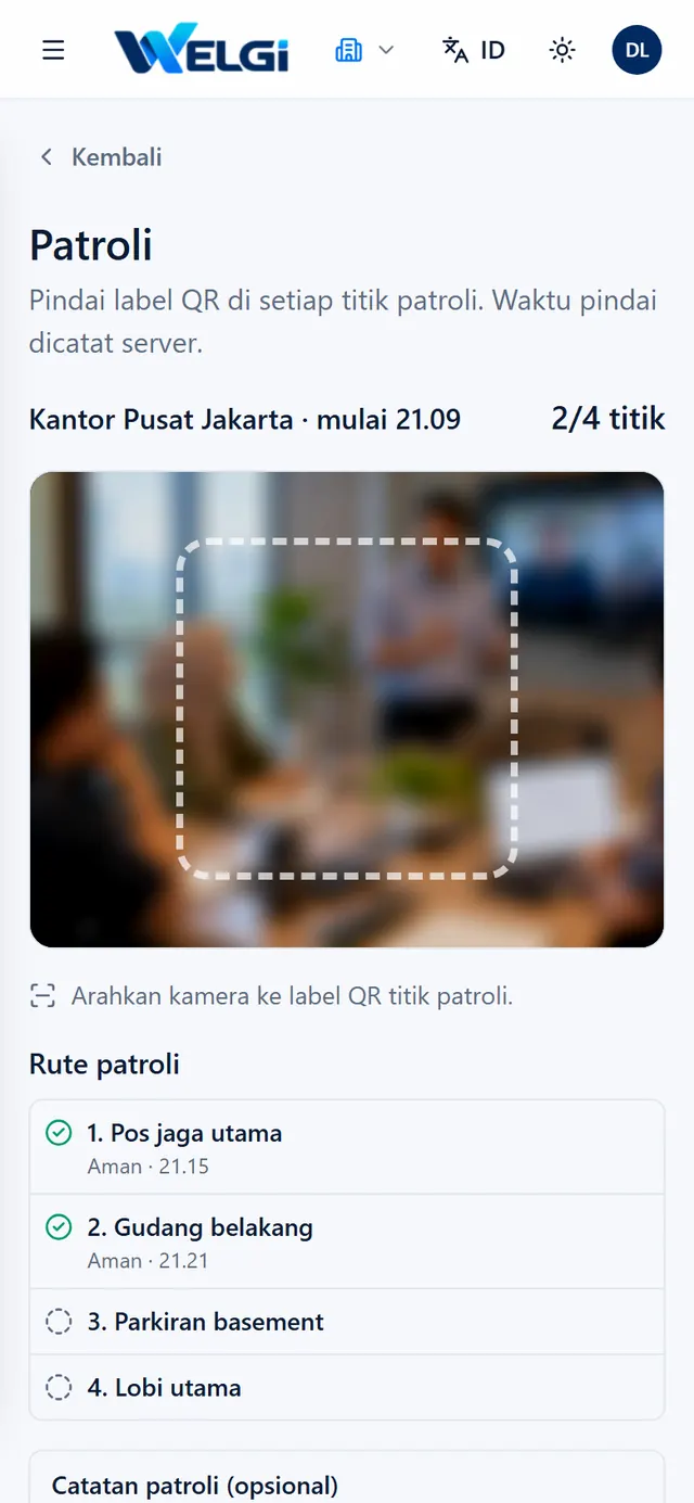 Mode patroli satpam di HP dengan daftar titik patroli