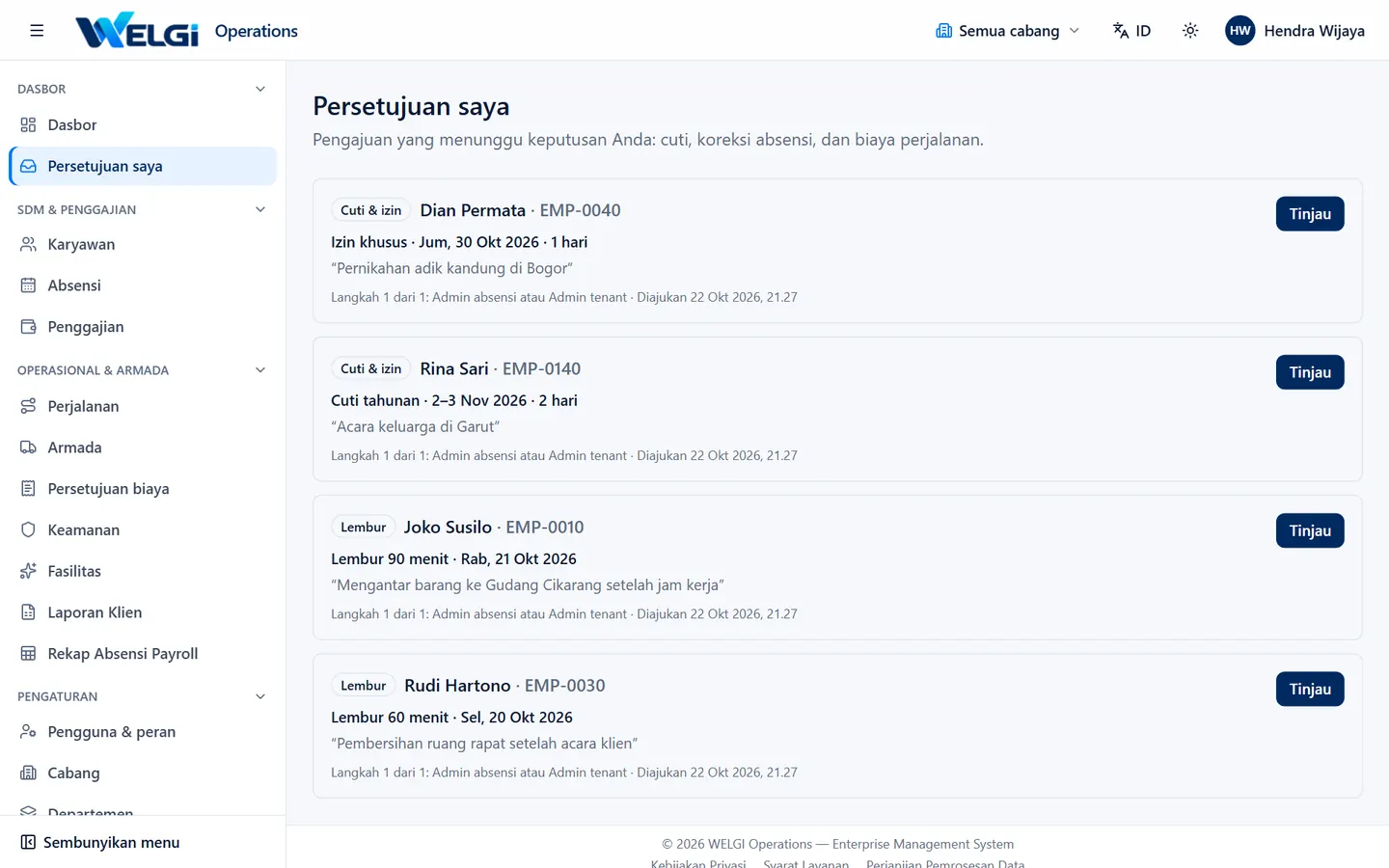 Kotak persetujuan dengan pengajuan cuti dan lembur yang menunggu