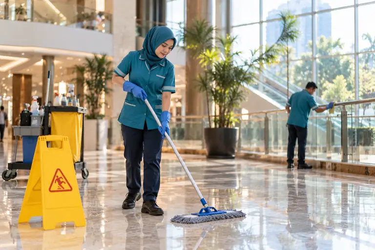 Petugas kebersihan merawat lobi gedung